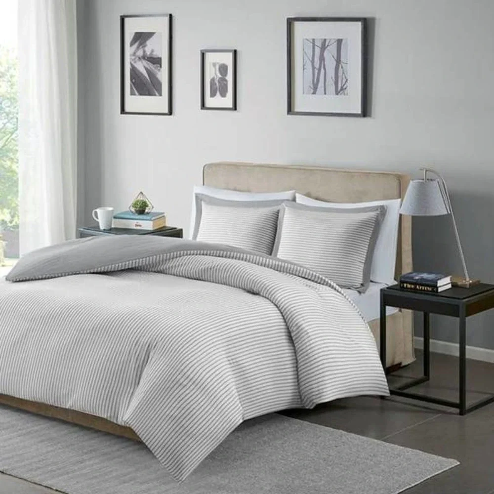 NWT-Madison Park KING Duvet & Shams Reversible Stripes & Shower Curtain